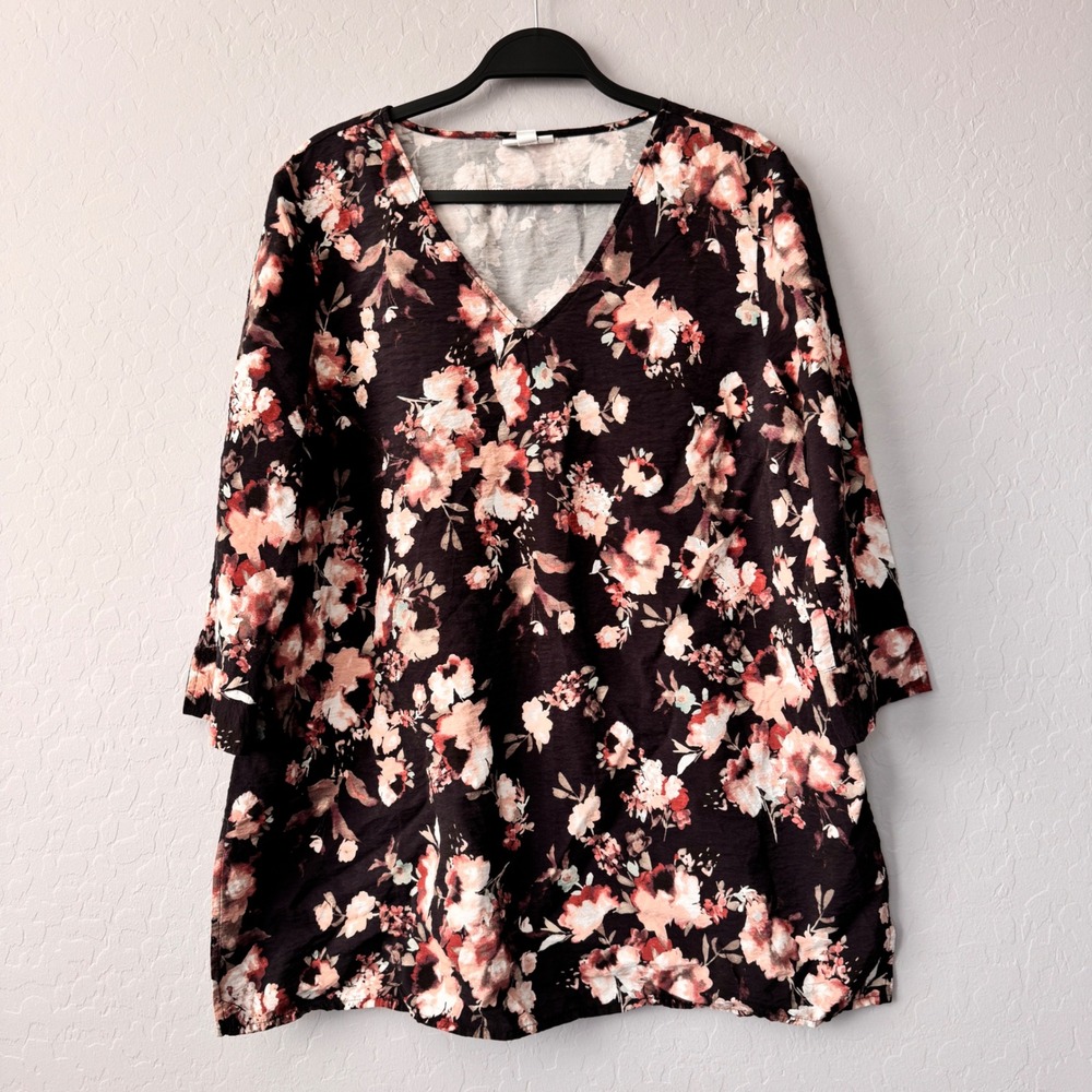 J.Jill Floral Print V-Neck 3/4 Sleeve Tunic Top Blouse Lightweight Size L
